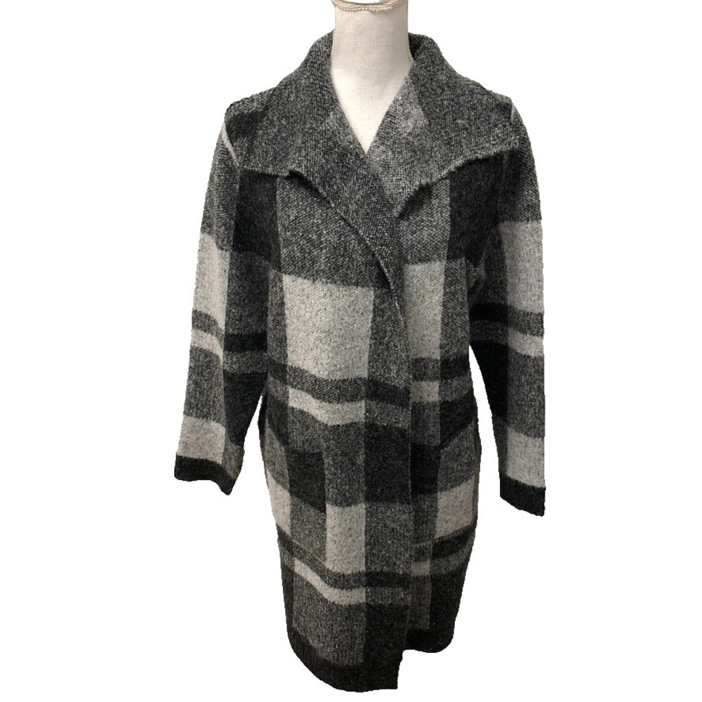 Metric Cardigan Sweater Jumper Womens Large Gray Plaid Mid Length Oversize Cozy